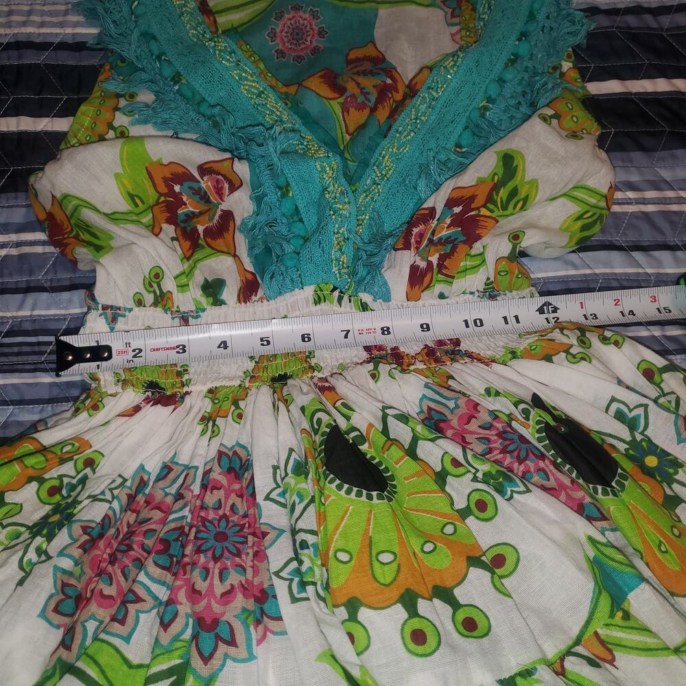 Antica Sartoria Dress 2024 One Size Cotton Boho Positano Aqua Fringe Mini Resort - Picture 11 of 12
